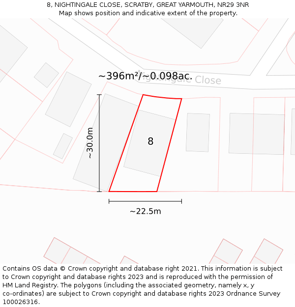 8, NIGHTINGALE CLOSE, SCRATBY, GREAT YARMOUTH, NR29 3NR: Plot and title map