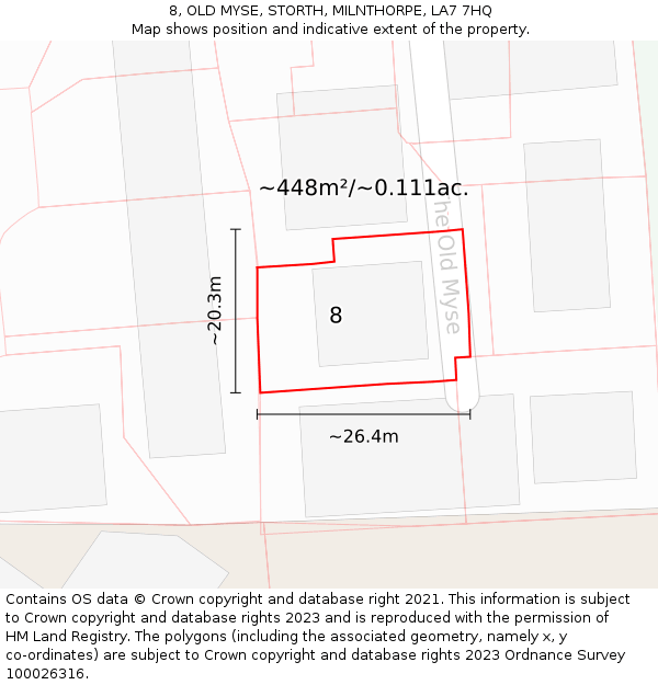 8, OLD MYSE, STORTH, MILNTHORPE, LA7 7HQ: Plot and title map