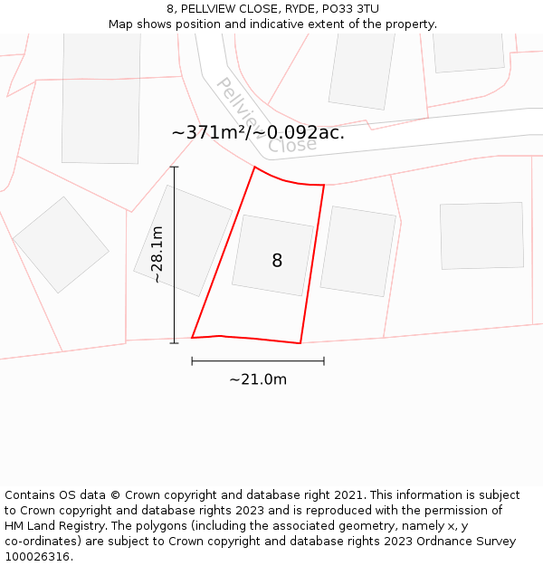 8, PELLVIEW CLOSE, RYDE, PO33 3TU: Plot and title map