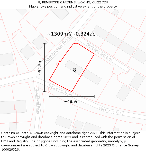 8, PEMBROKE GARDENS, WOKING, GU22 7DR: Plot and title map