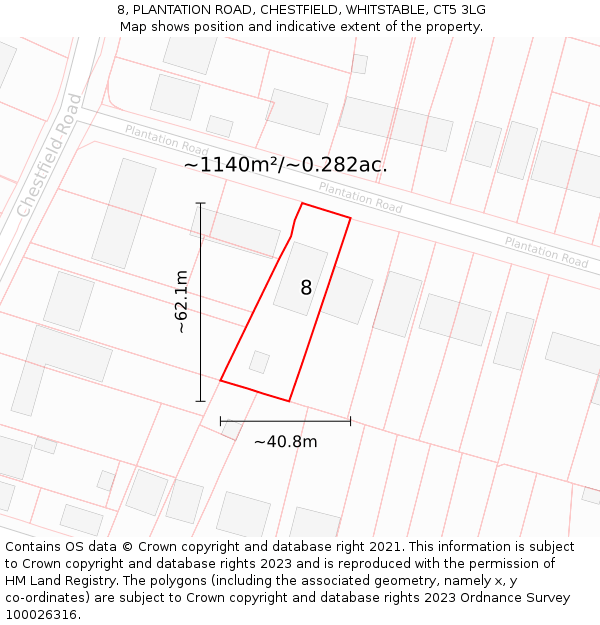 8, PLANTATION ROAD, CHESTFIELD, WHITSTABLE, CT5 3LG: Plot and title map