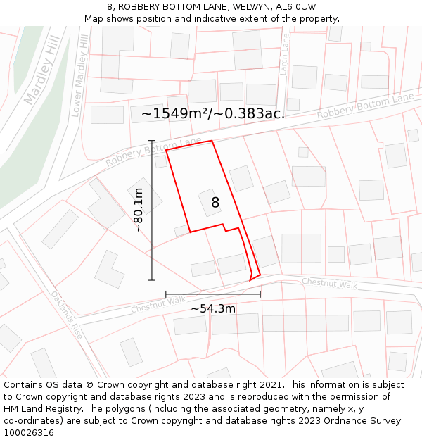 8, ROBBERY BOTTOM LANE, WELWYN, AL6 0UW: Plot and title map