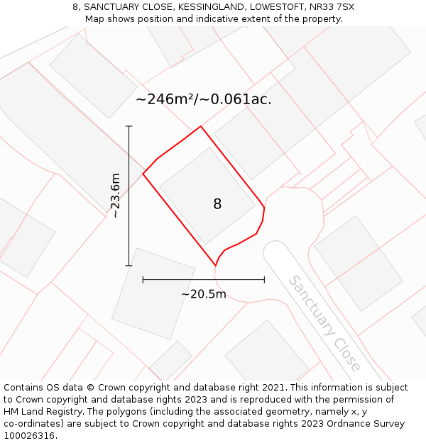 8, SANCTUARY CLOSE, KESSINGLAND, LOWESTOFT, NR33 7SX: Plot and title map