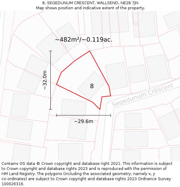 8, SEGEDUNUM CRESCENT, WALLSEND, NE28 7JN: Plot and title map