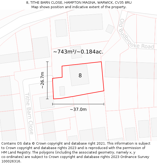 8, TITHE BARN CLOSE, HAMPTON MAGNA, WARWICK, CV35 8RU: Plot and title map