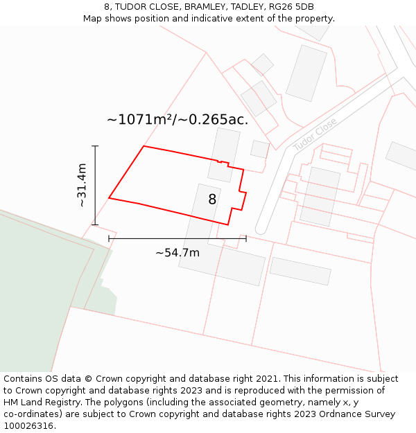 8, TUDOR CLOSE, BRAMLEY, TADLEY, RG26 5DB: Plot and title map