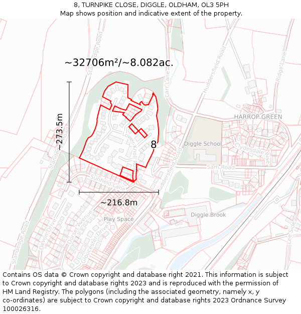 8, TURNPIKE CLOSE, DIGGLE, OLDHAM, OL3 5PH: Plot and title map