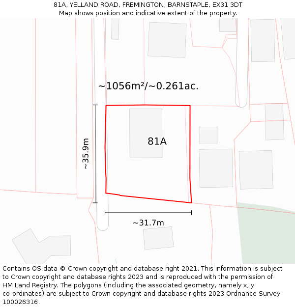 81A, YELLAND ROAD, FREMINGTON, BARNSTAPLE, EX31 3DT: Plot and title map