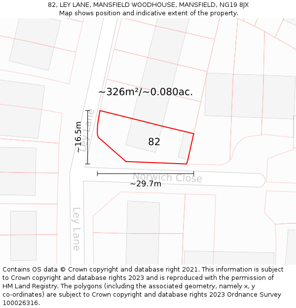 82, LEY LANE, MANSFIELD WOODHOUSE, MANSFIELD, NG19 8JX: Plot and title map