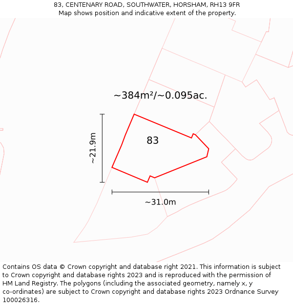 83, CENTENARY ROAD, SOUTHWATER, HORSHAM, RH13 9FR: Plot and title map