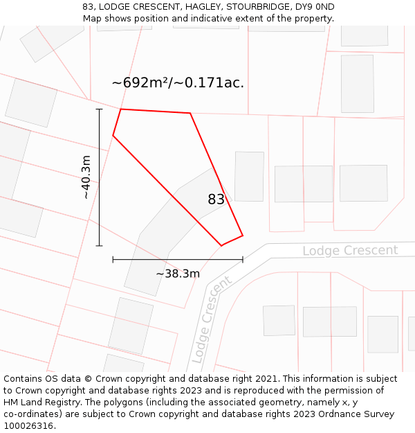 83, LODGE CRESCENT, HAGLEY, STOURBRIDGE, DY9 0ND: Plot and title map