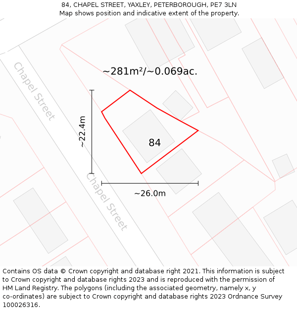 84, CHAPEL STREET, YAXLEY, PETERBOROUGH, PE7 3LN: Plot and title map