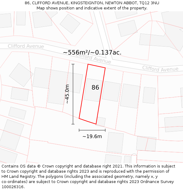 86, CLIFFORD AVENUE, KINGSTEIGNTON, NEWTON ABBOT, TQ12 3NU: Plot and title map