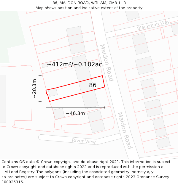 86, MALDON ROAD, WITHAM, CM8 1HR: Plot and title map