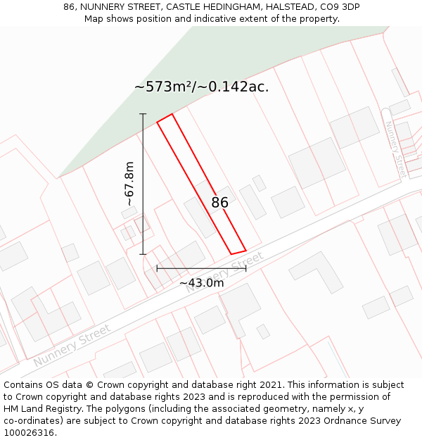 86, NUNNERY STREET, CASTLE HEDINGHAM, HALSTEAD, CO9 3DP: Plot and title map