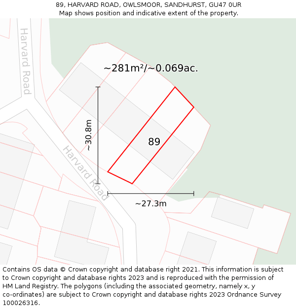 89, HARVARD ROAD, OWLSMOOR, SANDHURST, GU47 0UR: Plot and title map