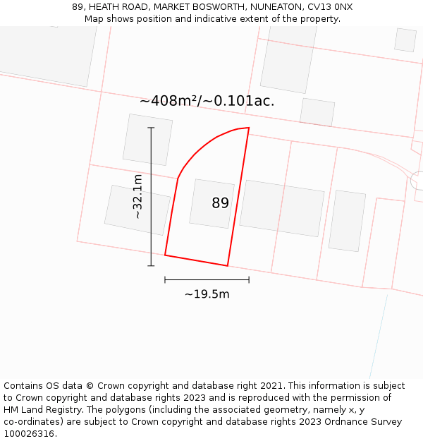 89, HEATH ROAD, MARKET BOSWORTH, NUNEATON, CV13 0NX: Plot and title map