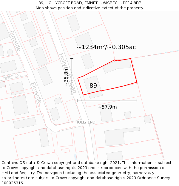 89, HOLLYCROFT ROAD, EMNETH, WISBECH, PE14 8BB: Plot and title map