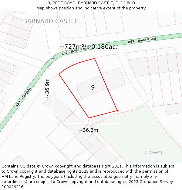 9, BEDE ROAD, BARNARD CASTLE, DL12 8HB: Plot and title map