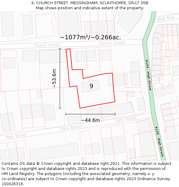 9, CHURCH STREET, MESSINGHAM, SCUNTHORPE, DN17 3SB: Plot and title map