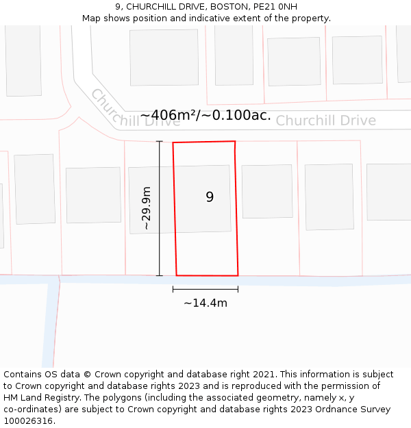 9, CHURCHILL DRIVE, BOSTON, PE21 0NH: Plot and title map