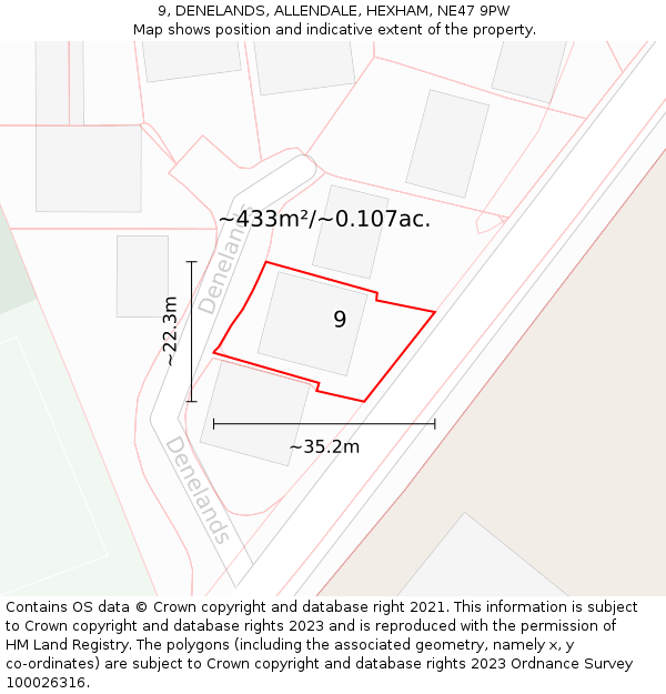 9, DENELANDS, ALLENDALE, HEXHAM, NE47 9PW: Plot and title map