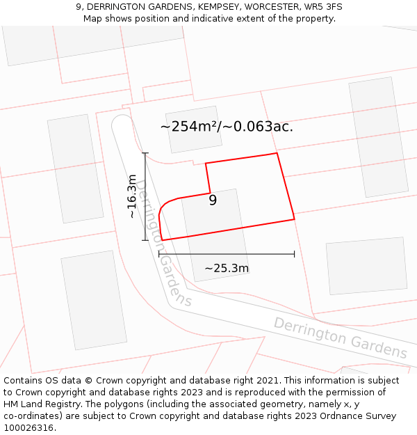 9, DERRINGTON GARDENS, KEMPSEY, WORCESTER, WR5 3FS: Plot and title map