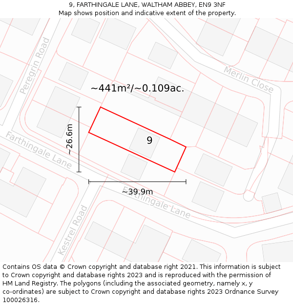 9, FARTHINGALE LANE, WALTHAM ABBEY, EN9 3NF: Plot and title map