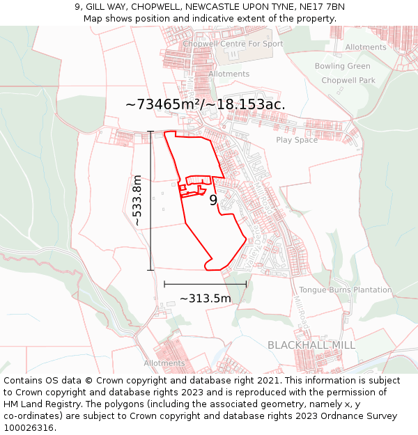 9, GILL WAY, CHOPWELL, NEWCASTLE UPON TYNE, NE17 7BN: Plot and title map