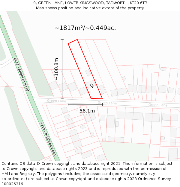 9, GREEN LANE, LOWER KINGSWOOD, TADWORTH, KT20 6TB: Plot and title map