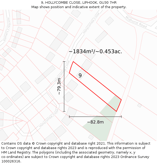 9, HOLLYCOMBE CLOSE, LIPHOOK, GU30 7HR: Plot and title map