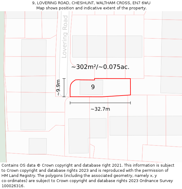 9, LOVERING ROAD, CHESHUNT, WALTHAM CROSS, EN7 6WU: Plot and title map