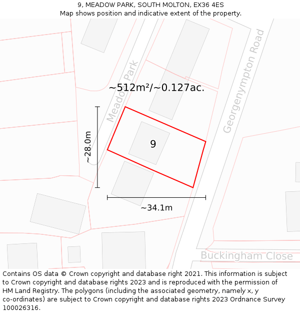 9, MEADOW PARK, SOUTH MOLTON, EX36 4ES: Plot and title map