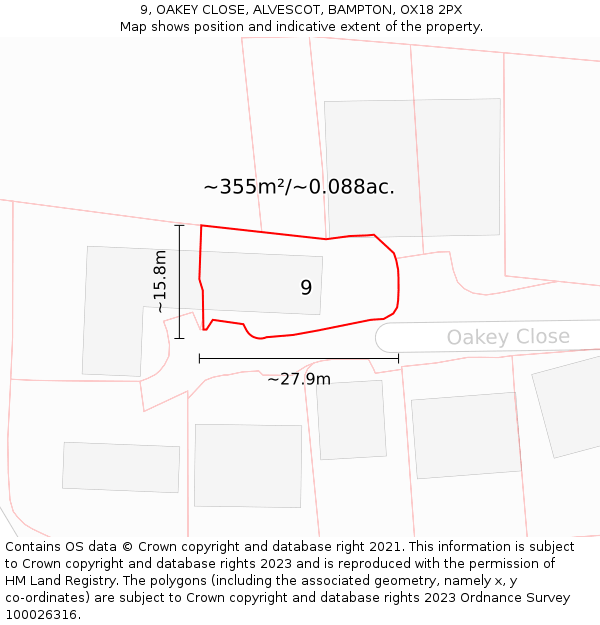 9, OAKEY CLOSE, ALVESCOT, BAMPTON, OX18 2PX: Plot and title map