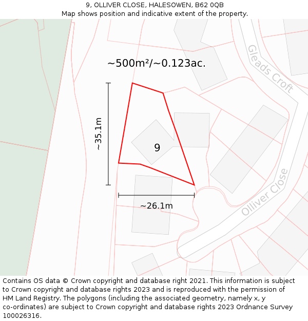 9, OLLIVER CLOSE, HALESOWEN, B62 0QB: Plot and title map