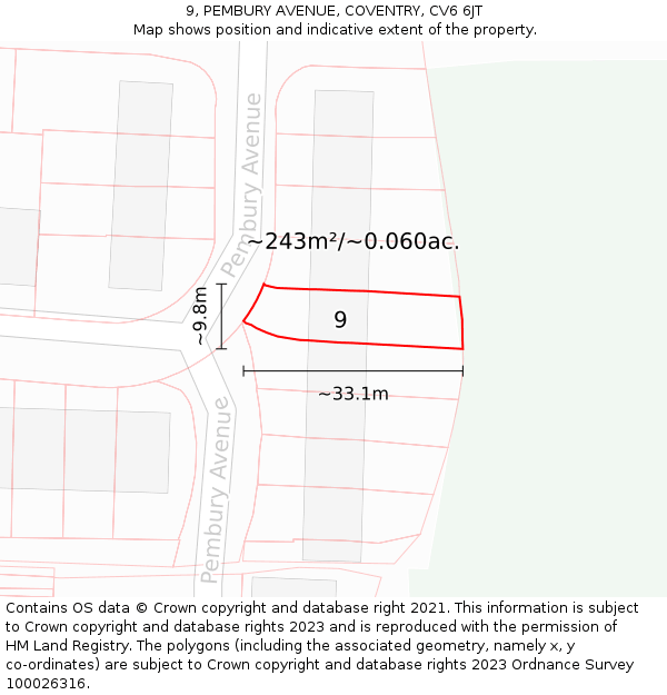 9, PEMBURY AVENUE, COVENTRY, CV6 6JT: Plot and title map