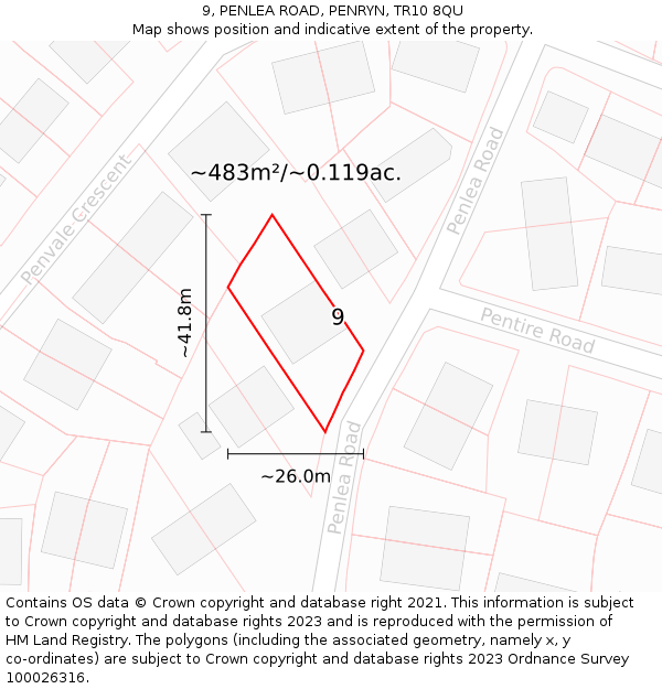 9, PENLEA ROAD, PENRYN, TR10 8QU: Plot and title map