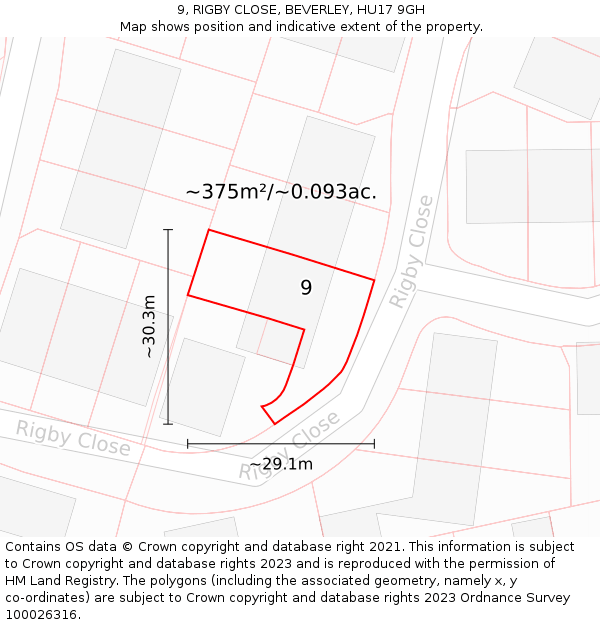 9, RIGBY CLOSE, BEVERLEY, HU17 9GH: Plot and title map