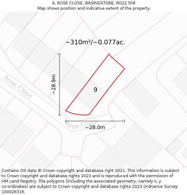 9, ROSE CLOSE, BASINGSTOKE, RG22 5NF: Plot and title map