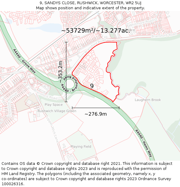 9, SANDYS CLOSE, RUSHWICK, WORCESTER, WR2 5UJ: Plot and title map