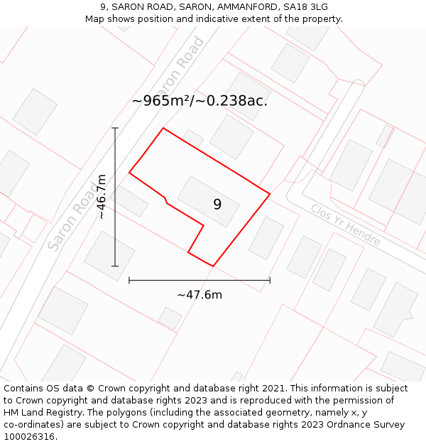 9, SARON ROAD, SARON, AMMANFORD, SA18 3LG: Plot and title map