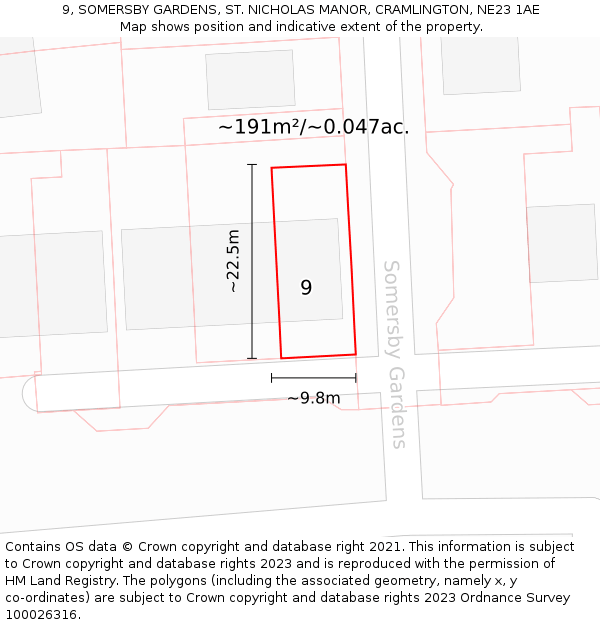 9, SOMERSBY GARDENS, ST. NICHOLAS MANOR, CRAMLINGTON, NE23 1AE: Plot and title map