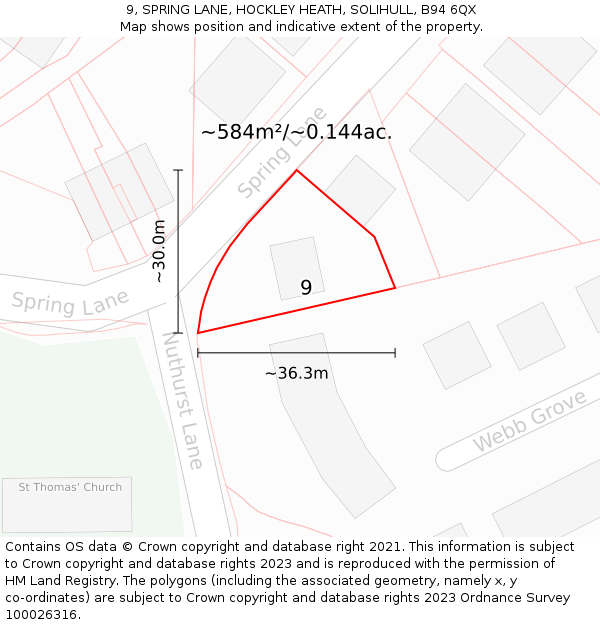 9, SPRING LANE, HOCKLEY HEATH, SOLIHULL, B94 6QX: Plot and title map