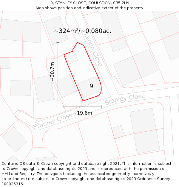 9, STANLEY CLOSE, COULSDON, CR5 2LN: Plot and title map