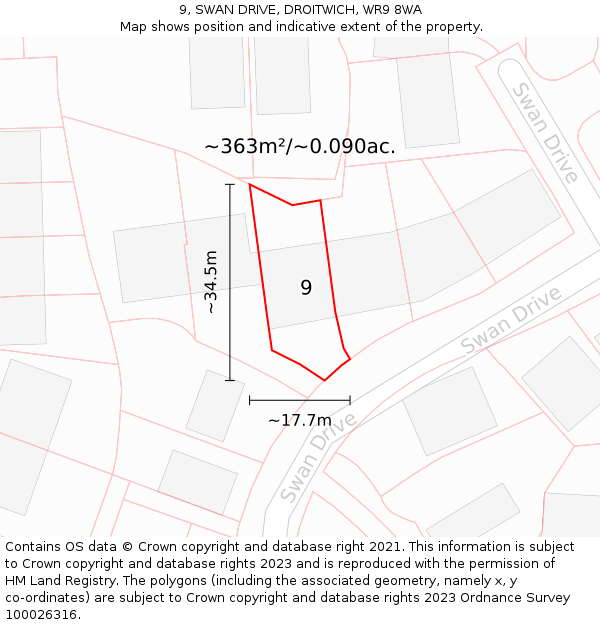 9, SWAN DRIVE, DROITWICH, WR9 8WA: Plot and title map