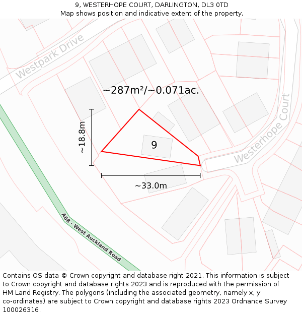 9, WESTERHOPE COURT, DARLINGTON, DL3 0TD: Plot and title map