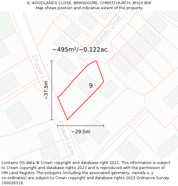 9, WOODLANDS CLOSE, BRANSGORE, CHRISTCHURCH, BH23 8NF: Plot and title map