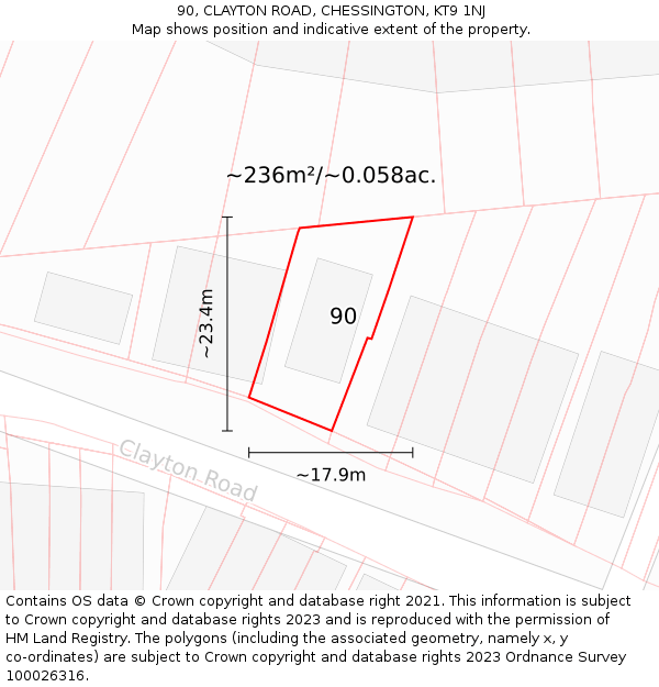 90, CLAYTON ROAD, CHESSINGTON, KT9 1NJ: Plot and title map