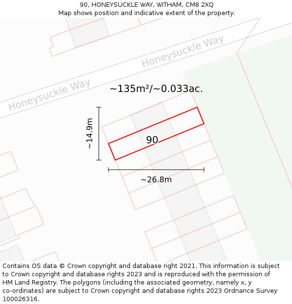 90, HONEYSUCKLE WAY, WITHAM, CM8 2XQ: Plot and title map