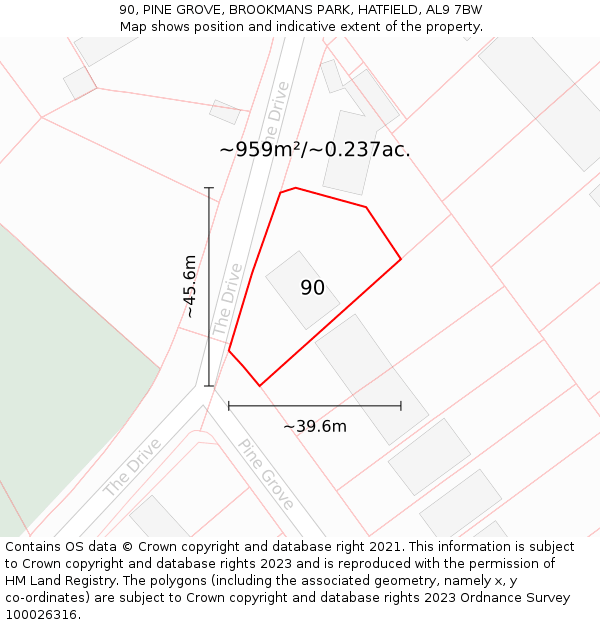 90, PINE GROVE, BROOKMANS PARK, HATFIELD, AL9 7BW: Plot and title map